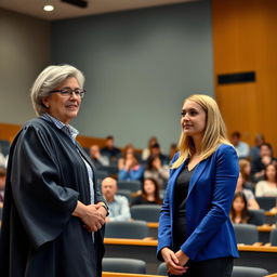 In a university lecture hall, a professor stands confidently in front of the class, introducing a new student