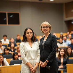 In a university lecture hall, a professor stands confidently in front of the class, introducing a new student