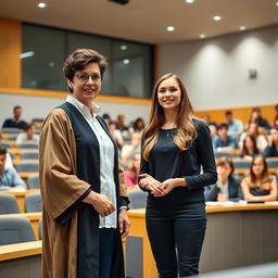 In a university lecture hall, a professor stands confidently in front of the class, introducing a new student