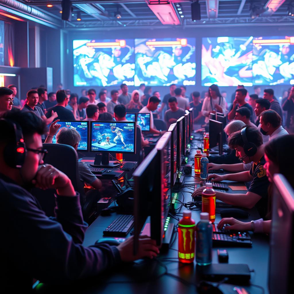 Epic computer fighting game tournament scene featuring a diverse group of players intensely focused on their screens, illuminated by vibrant RGB lighting