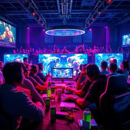 Epic computer fighting game tournament scene featuring a diverse group of players intensely focused on their screens, illuminated by vibrant RGB lighting