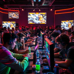 Epic computer fighting game tournament scene featuring a diverse group of players intensely focused on their screens, illuminated by vibrant RGB lighting