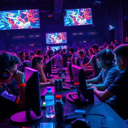 Epic computer fighting game tournament scene featuring a diverse group of players intensely focused on their screens, illuminated by vibrant RGB lighting