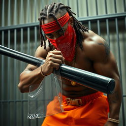 Close-up of a muscular African American gang member