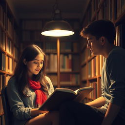 In a cozy library setting, one female student, engrossed in her book, sits under the soft glow of a lamp