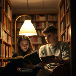 In a cozy library setting, one female student, engrossed in her book, sits under the soft glow of a lamp