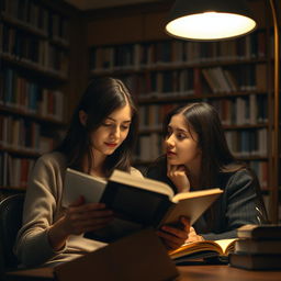 In a cozy library setting, one female student, engrossed in her book, sits under the soft glow of a lamp