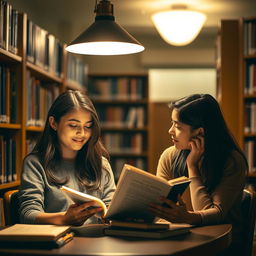 In a cozy library setting, one female student, engrossed in her book, sits under the soft glow of a lamp