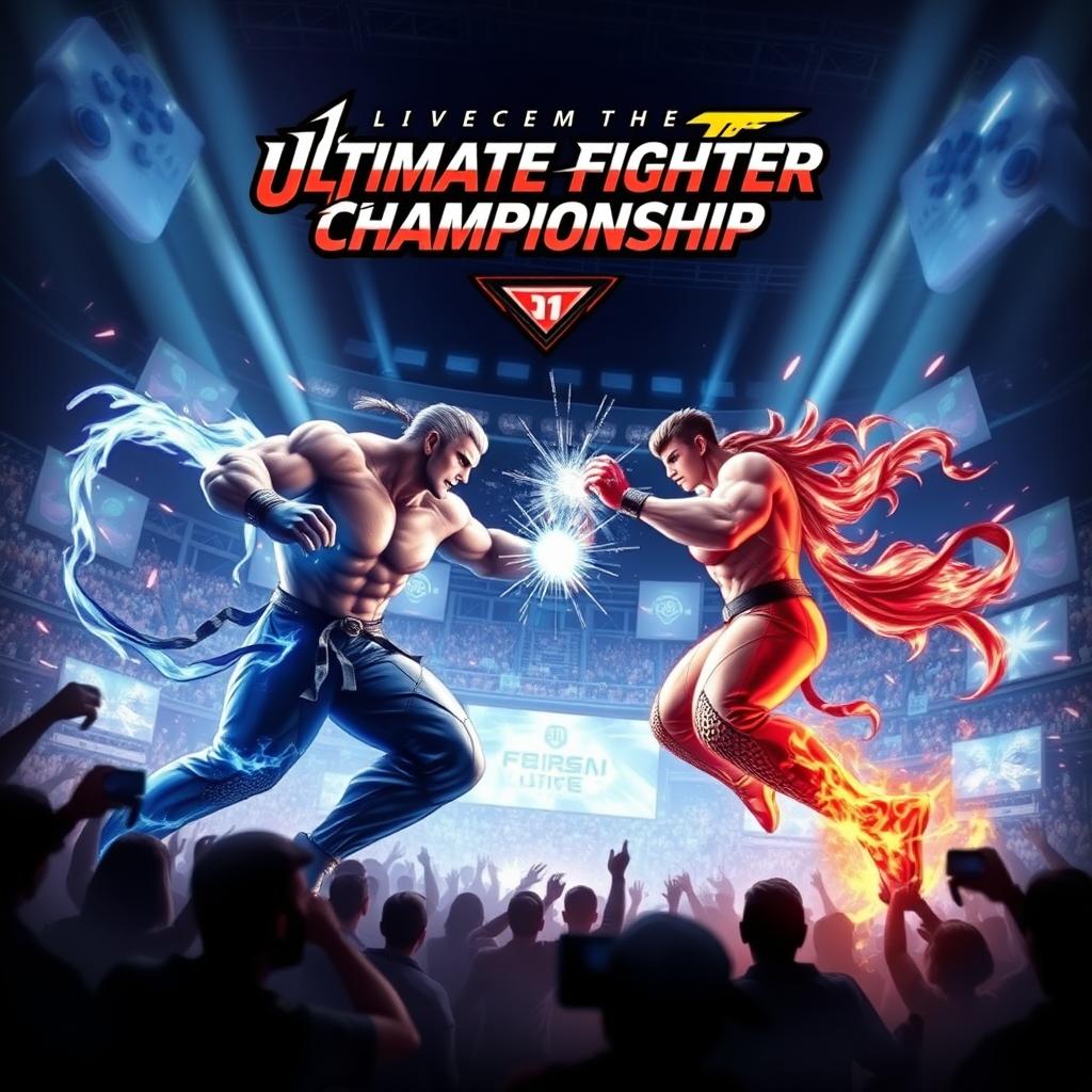 Dynamic poster for a computer game fighting tournament, featuring intense and action-packed visuals