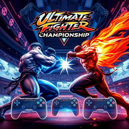 Dynamic poster for a computer game fighting tournament, featuring intense and action-packed visuals