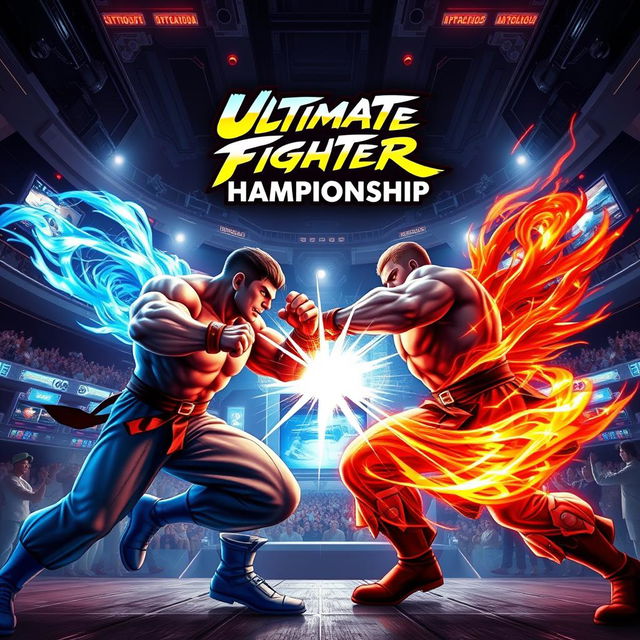 Dynamic poster for a computer game fighting tournament, featuring intense and action-packed visuals