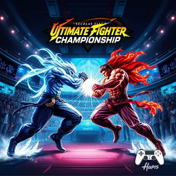 Dynamic poster for a computer game fighting tournament, featuring intense and action-packed visuals