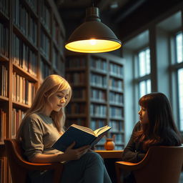 In a cozy library setting, a blonde-haired student, engrossed in her book, sits under the warm glow of a lamp