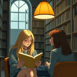 In a cozy library setting, a blonde-haired student, engrossed in her book, sits under the warm glow of a lamp