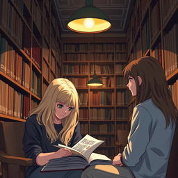 In a cozy library setting, a blonde-haired student, engrossed in her book, sits under the warm glow of a lamp