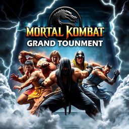 A dynamic and intense tournament poster for the iconic fighting video game "Mortal Kombat