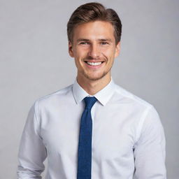 A young, handsome teacher in a white shirt, with a joyful smile on his face