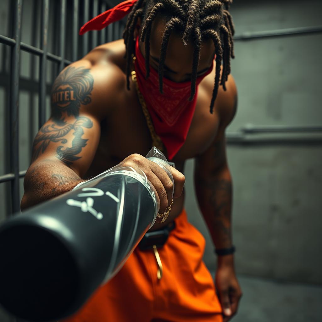 A close-up of a muscular African American gang member wearing baggy orange pants and a red bandana mask covering the nose and mouth