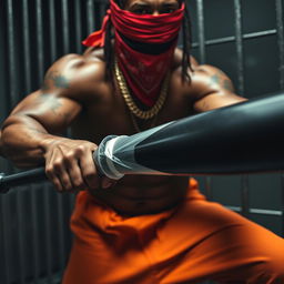 A close-up of a muscular African American gang member wearing baggy orange pants and a red bandana mask covering the nose and mouth