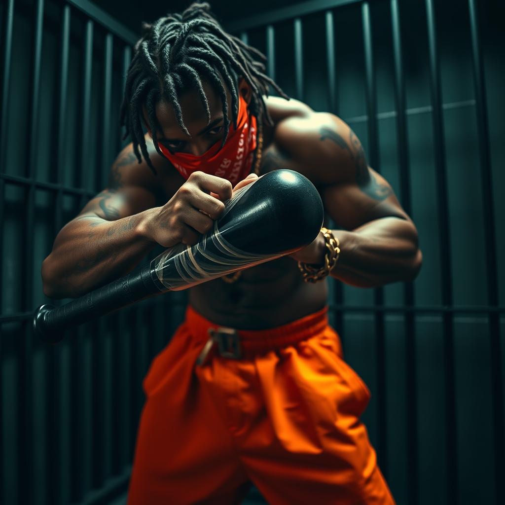 A close-up of a muscular African American gang member wearing baggy orange pants and a red bandana mask covering the nose and mouth