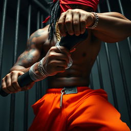 A close-up of a muscular African American gang member wearing baggy orange pants and a red bandana mask covering the nose and mouth