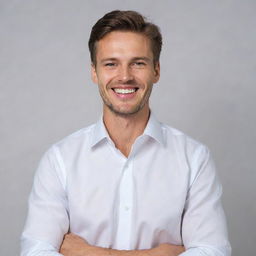 A young, handsome teacher in a white shirt, with a joyful smile on his face