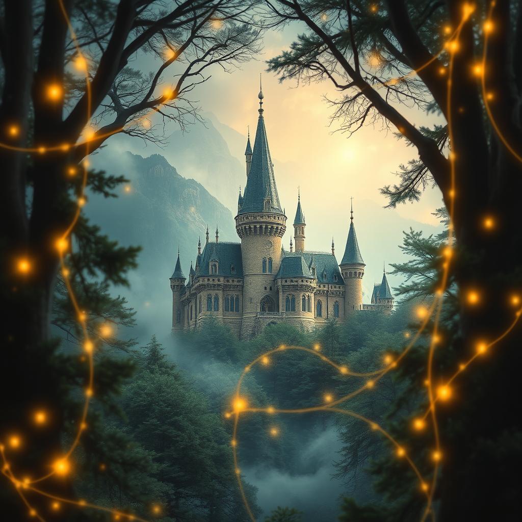 a captivating book cover featuring a grand castle nestled in the midst of a dense, enchanting forest