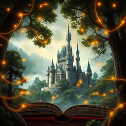 a captivating book cover featuring a grand castle nestled in the midst of a dense, enchanting forest