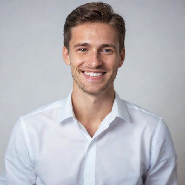 A young, handsome teacher in a white shirt, with a joyful smile on his face