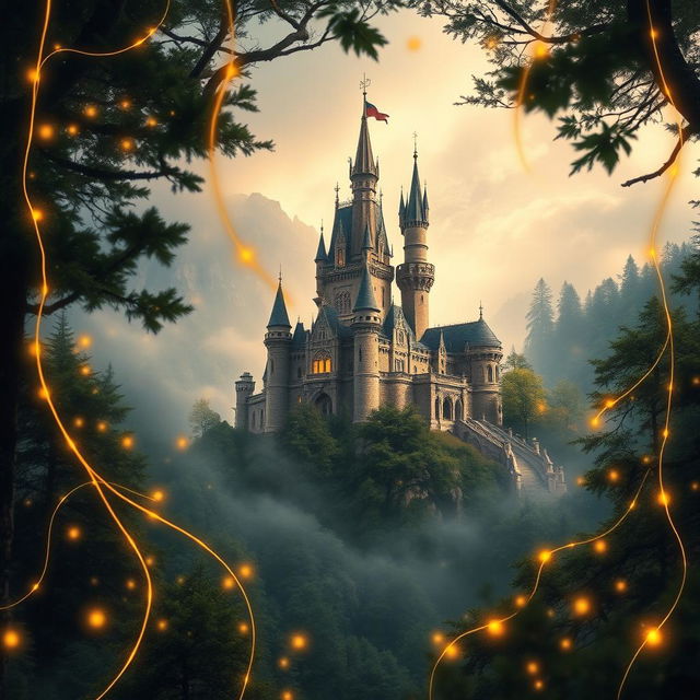 a captivating book cover featuring a grand castle nestled in the midst of a dense, enchanting forest