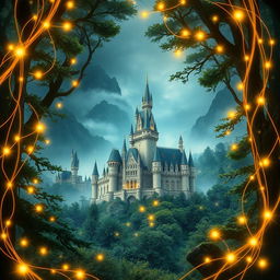 a captivating book cover featuring a grand castle nestled in the midst of a dense, enchanting forest