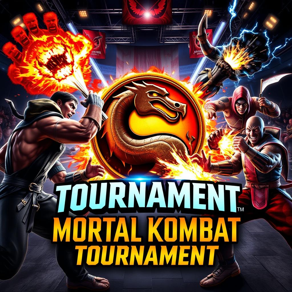 An explosive and energetic tournament poster for the legendary fighting game "Mortal Kombat