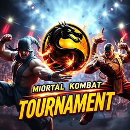 An explosive and energetic tournament poster for the legendary fighting game "Mortal Kombat