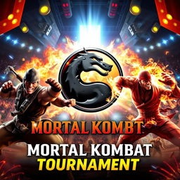 An explosive and energetic tournament poster for the legendary fighting game "Mortal Kombat