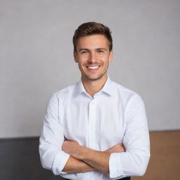 A young, handsome teacher in a white shirt, with a joyful smile on his face