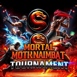 An intense and visually striking tournament poster for the legendary fighting game "Mortal Kombat