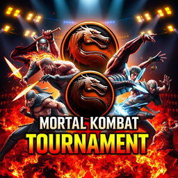 An intense and visually striking tournament poster for the legendary fighting game "Mortal Kombat