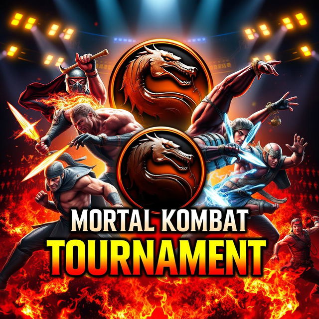 An intense and visually striking tournament poster for the legendary fighting game "Mortal Kombat