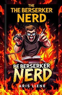 A dynamic and fiery book cover for "The Berserker Nerd" with intense flames and a bold, striking font