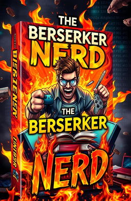 A dynamic and fiery book cover for "The Berserker Nerd" with intense flames and a bold, striking font