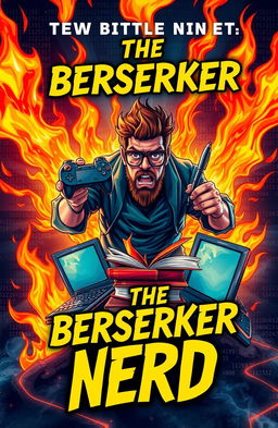 A dynamic and fiery book cover for "The Berserker Nerd" with intense flames and a bold, striking font