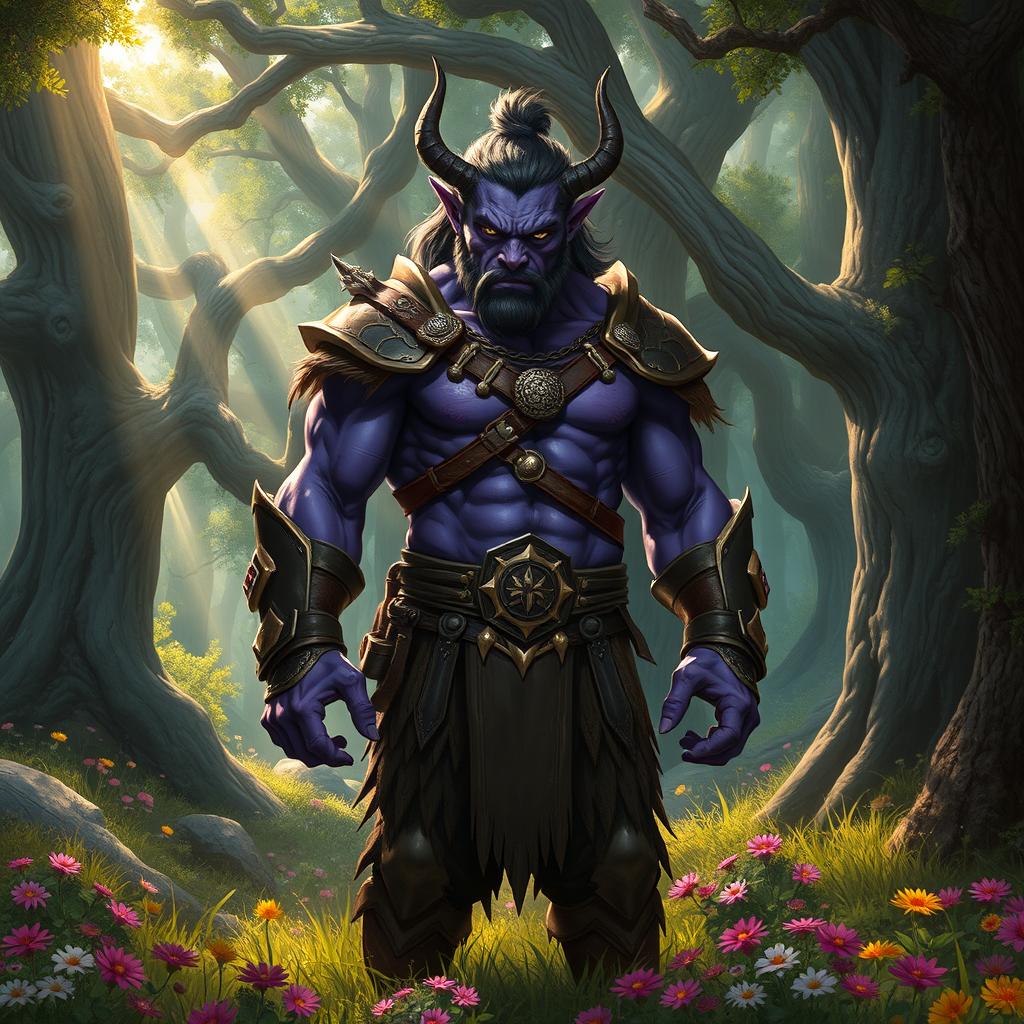 A fierce and majestic half-orc warrior standing proudly in an enchanted forest