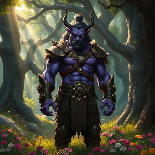 A fierce and majestic half-orc warrior standing proudly in an enchanted forest