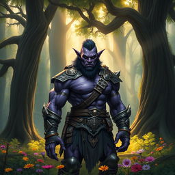 A fierce and majestic half-orc warrior standing proudly in an enchanted forest