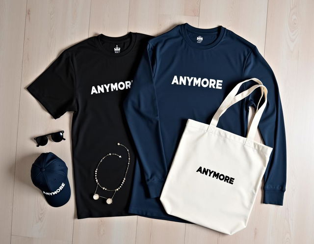 A stylish flat lay of a black t-shirt and a navy blue long-sleeve shirt for both men and women, a cream canvas tote bag, and a matching cap, each featuring the word 'ANYMORE' in Puchero font