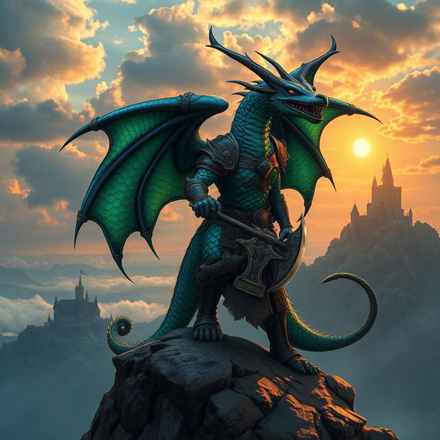 A majestic Dragonborn warrior standing on a rocky cliff, overlooking a vast and mythical landscape