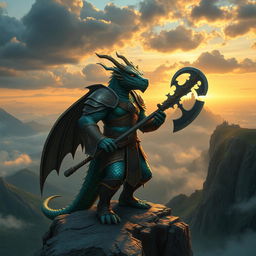 A majestic Dragonborn warrior standing on a rocky cliff, overlooking a vast and mythical landscape