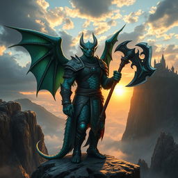 A majestic Dragonborn warrior standing on a rocky cliff, overlooking a vast and mythical landscape