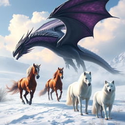 a formidable and large dragon with scales blending purple and black hues, soaring powerfully through the sky, emanating an aura of strength and mystery