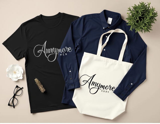 A composition featuring folded clothing items including a black t-shirt and a navy blue long-sleeve shirt for both men and women, alongside a cream-colored canvas tote bag